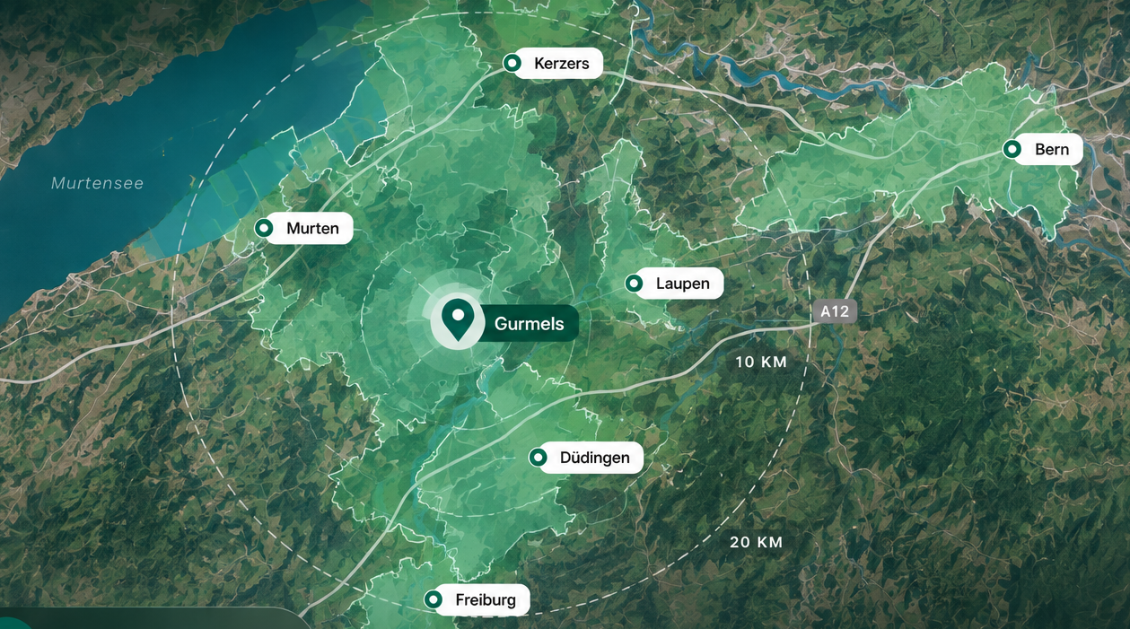 Karte des Einzugsgebiets rund um Gurmels mit Murten, Kerzers, Laupen, Düdingen, Freiburg und Bern